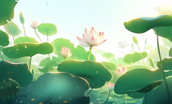 卡通风夏天池塘里开放的粉白莲花插画