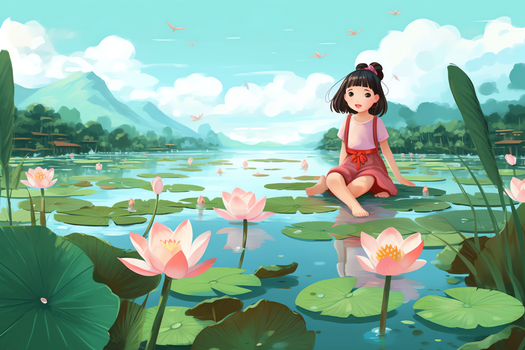 炎热夏天小女孩坐在开满荷花的池塘中的莲叶上