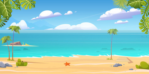 绿色卡通海边沙滩背景图