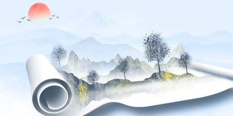 中国风卷轴展开复古山水画水墨画背景