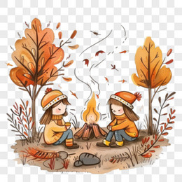 儿童画秋季人物篝火免抠元素