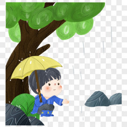 卡通手绘免抠男孩下雨天蹲着打伞元素
