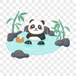 手绘插画风温泉泡汤的大熊猫动物元素