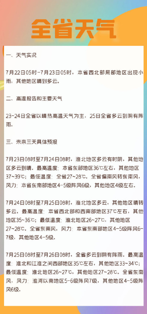 23-24江苏以晴热高温天气为主，25日全省多云到阴有阵雨