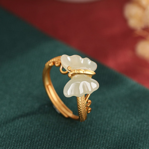 『玉玲珑』天然和田玉蝴蝶戒指女小众设计古法金玉石开口指环手饰
