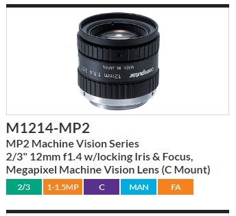 Computar康标达工业百万像素镜头M1214-MP2