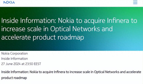 诺基亚斥资23亿美元收购光学半导体公司Infinera 扩大光纤网络版图