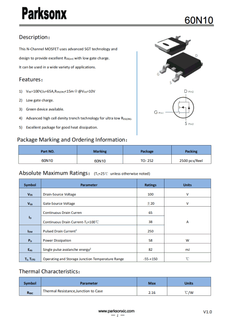 Parksonx 60N10 N型沟道MOSFET产品概述