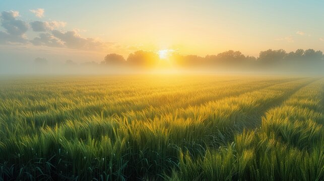 Depict a peaceful scenery backdrop, evocative of well-known stock photo locations such as a calm field at sunrise