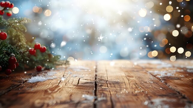 wallpaper snow scenery on a wooden table against a blurred background, adorned with delicate decorations