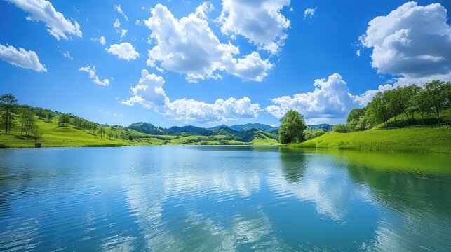 Tranquil lake scenery surrounded by vibrant summer greenery beneath a clear blue sky dotted with white clouds