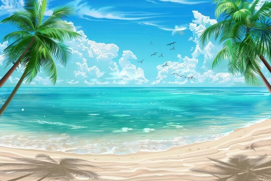realistic summer beach scenery beautiful seascape with palm trees and clear sky illustration