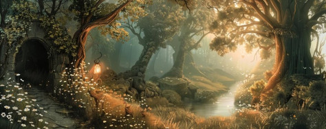 Magical forest scenery with a stream, illuminated by sun rays, evoking an enchanting and serene fairy tale atmosphere.