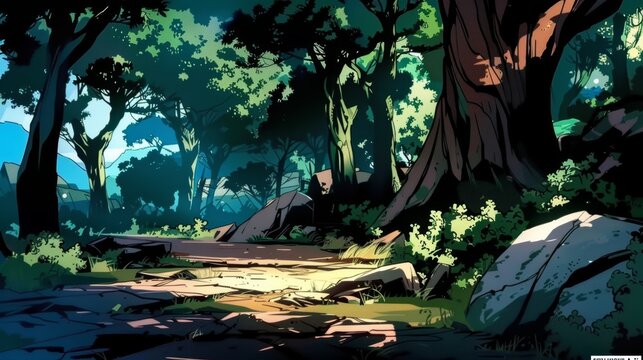 anime illustration scenery background wallpaper, ancient forest trail to opened door, Generative Ai. anime. Illustrations