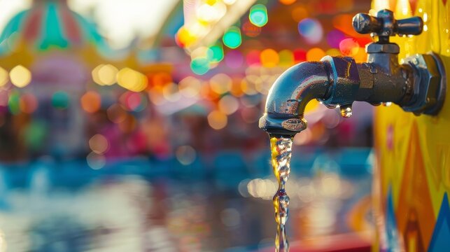 A problematic water leak dripping from a tap, with the colorful, lively theme park scenery blurred in the background