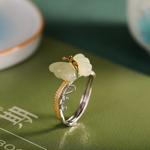 人品银品 s925纯银镀金和田玉气质时尚蝴蝶戒指 优雅百搭开口指环