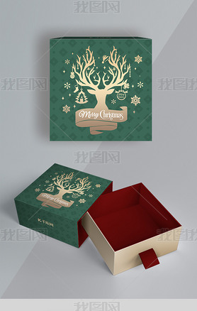 圣诞节礼盒麋鹿绿色简约包装礼盒