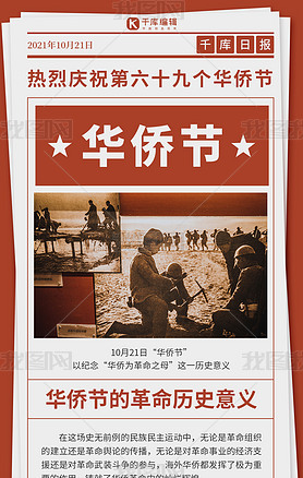 华侨节革命照片红色复古风手机海报