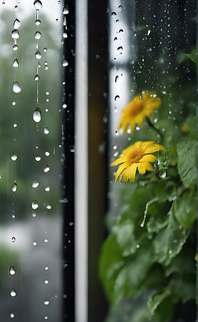 下雨天玻璃窗外美丽的黄菊花景色