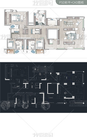 485㎡三居室CAD+PS彩平图