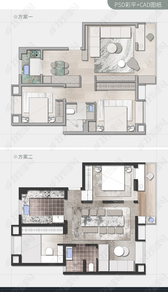 100㎡两居室方案C-CAD+PS彩平图
