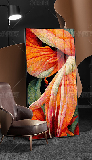 现代简约高端橙色花卉手绘油画玄关装饰画3