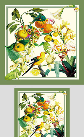 黄色小鸟花朵水果方巾图案