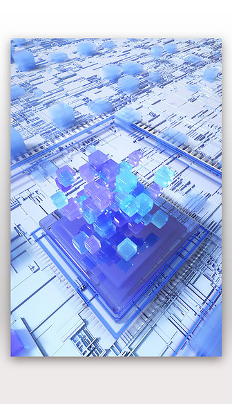 蓝紫色系清爽科技风格3D立体芯片方块背景