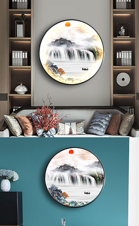 新中式意境山水圆形餐厅圆框玄关装饰画
