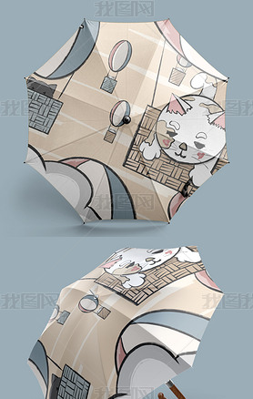 卡通INS风网红猫咪小动物插画雨伞太阳伞图案