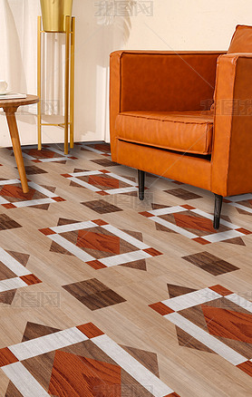 现代轻简约抽象几何错位橙色木纹地板革地毯图案