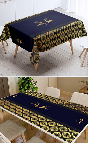 现代简约新中式轻奢几何复古底纹麋鹿桌布台布防尘罩茶几垫