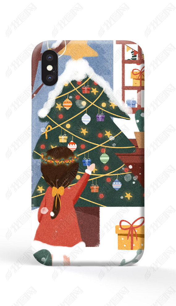 圣诞节圣诞老人雪人圣诞树下雪小房子手机壳女孩手绘儿童插画