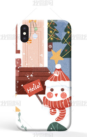 圣诞节圣诞老人雪人圣诞树下雪小房子手机壳手绘儿童插画
