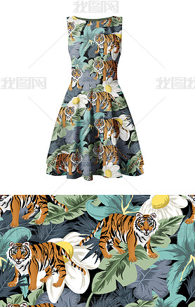 时尚热带风手绘老虎花卉叶子四方连续裙子服装图案