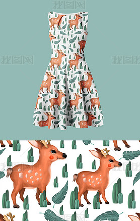 洛丽塔手绘热带叶子小鹿公主裙图案设计