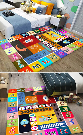 卡通儿童房26个字母数字飞船地毯爬行垫