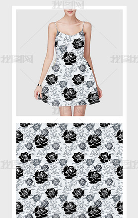 灰黑色简约时尚抽象几何玫瑰花叶图案纯棉直喷