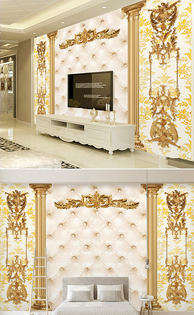 豪华金色欧式花纹软包客厅电视背景墙