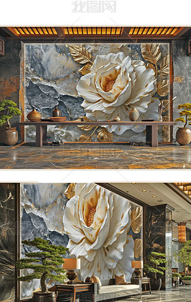 现代白玫瑰艺术肌理漆岩石电视沙发背景墙