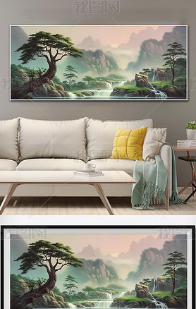 新中式瀑布山水风景聚宝盆手绘油画客厅沙发背景墙大幅装饰画挂画