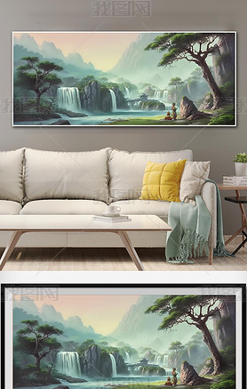 新中式瀑布山水风景聚宝盆手绘油画客厅沙发背景墙大幅装饰画挂画