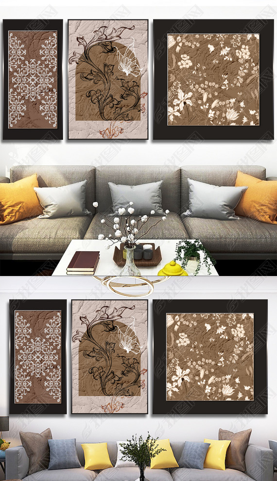 法式复古中古风花鸟线条植物组合客厅沙发装饰画
