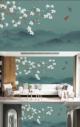 原创高清新中式花鸟仿手绘背景墙壁画