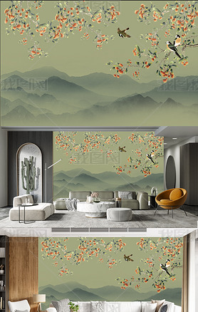 原创高清仿手绘中式花鸟背景墙壁画