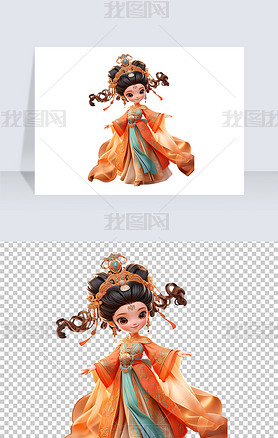 3D中国唐朝Q版卡通可爱女孩古装古风人物免抠