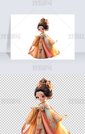 3D中国唐朝Q版卡通可爱女孩古装古风人物免抠