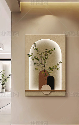 现代抽象几何光影绿植客厅装饰画2