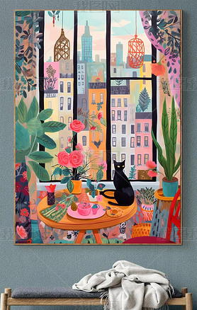 马蒂斯温馨猫咪手绘油画客厅小众艺术装饰画玄关家居饰品摆件挂画