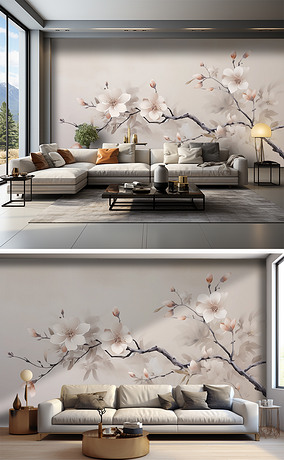 原创创意高端新中式花鸟花卉沙发背景墙壁纸壁画
